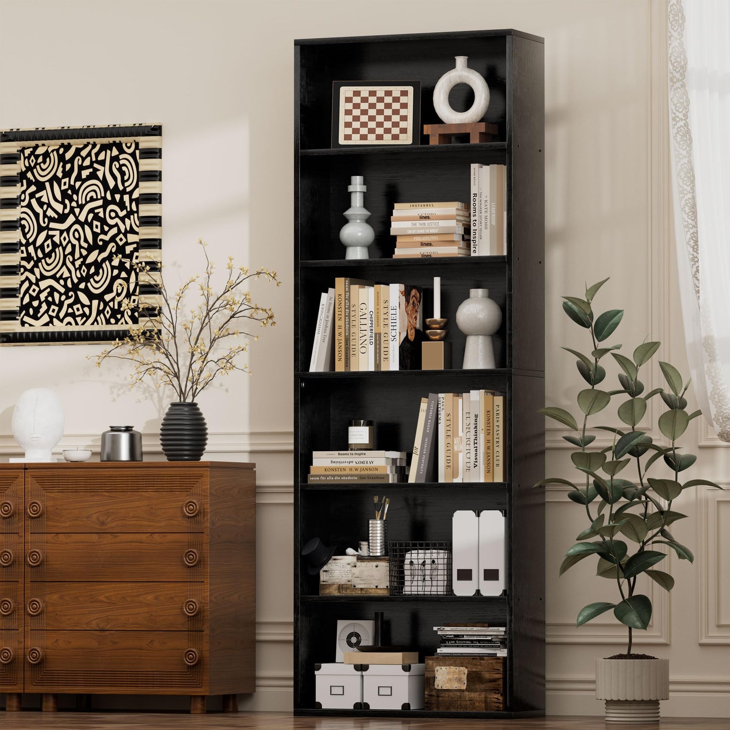 JAMFLY Narrow Tall Bookshelf 6 Shelf Bookcase Vertical Storage, Slim Profile Tall Narrow Storage Unit for Home Office, Living Room, Bedroom, Black