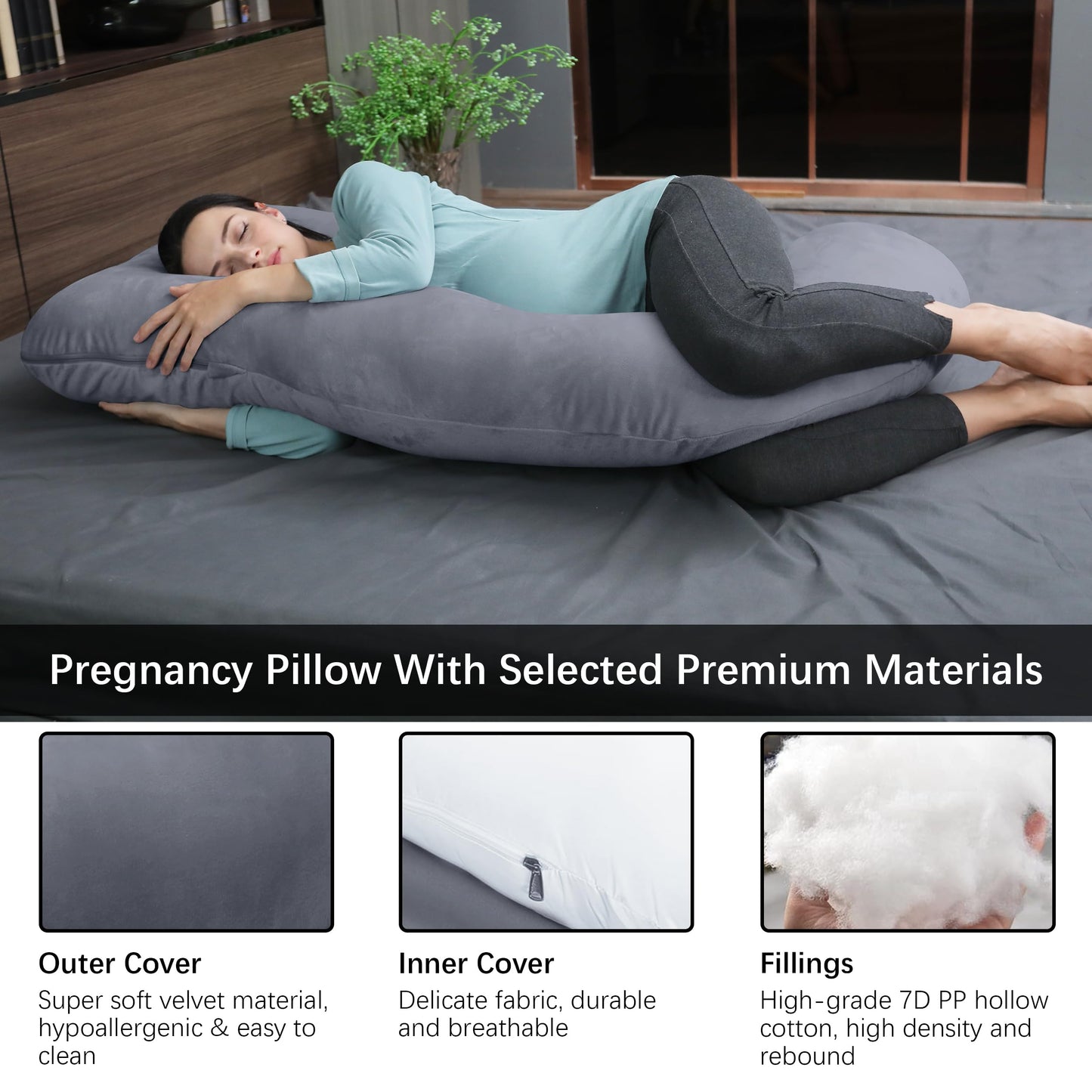 MOON PARK Pregnancy Pillows for Sleeping - U Shaped Full Body Maternity Pillow with Removable Cover - Support for Back, Legs, Belly, Hips - 57 Inch Pregnancy Pillow for Women - Dark Grey