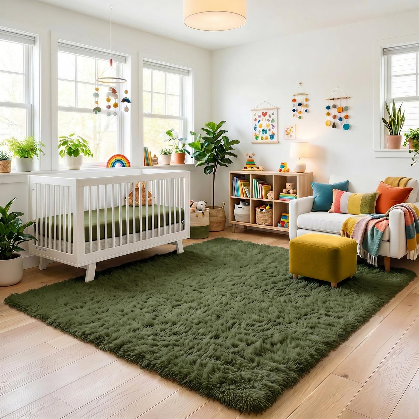 Amdrebio Olive Green Rugs for Bedroom Living Room, Fluffy Shaggy Modern Area Rug 4x6 for Girls Boys Kids Room Decor, Soft Plush Fuzzy Furry Cool Carpet for Nursery Classroom Dorm Playroom Apartment