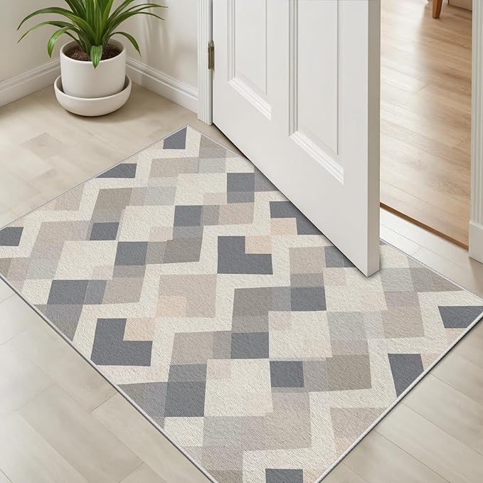 Modern Area Rug Living Room Rugs 3x5, Minimalist Soft Boho Geometric Rug, Non-Slip Washable Low Pile Non Shedding Carpet for Bedroom Office Dining Room Kitchen Nursery, Gray Beige White