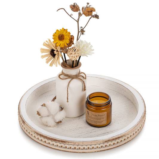 Hanobe Decorative Tray for Coffee Table: 10.5-Inch Round Whitewashed Wood Tray for Rustic Farmhouse Living Room Kitchen Island Entryway Home Decor
