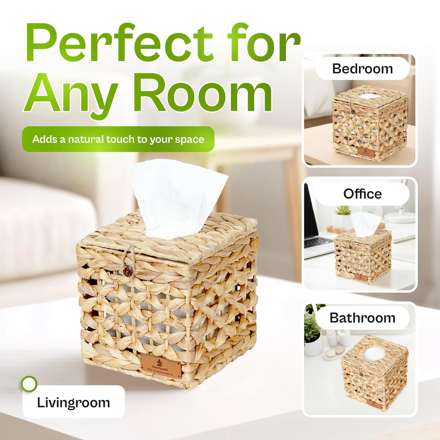 DaviGreen Tissue Box Cover Square 5.9” Set of 2, Handwoven Water Hyacinth Tissue Box Cover, Natural Woven Decorative Cover, Fits Standard Tissue Boxes, Easy One-Hand Pull.