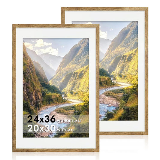 iRahmen 24x36 Poster Frame Set of 2 with Plexiglass, Wooden Rustic Brown Frames Display 20x30 Picture with Mat or 24 x 36 Without Mat, Wall Gallery Mounting Horizontal and Vertical
