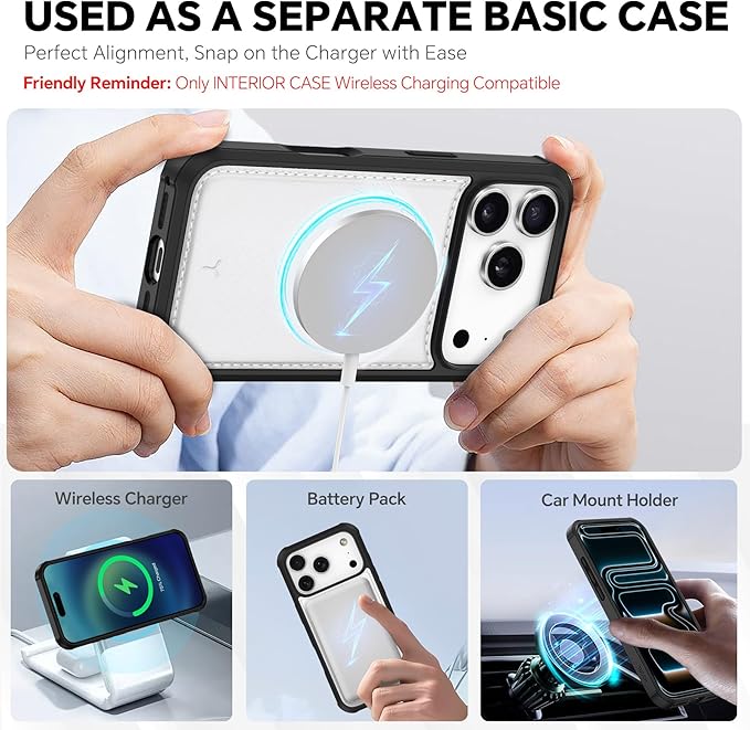 TUCCH 2-in-1 Detachable Wallet Case for iPhone 17 Pro (6.3-inch) 2025, Wireless Charging | RFID Blocking 4 Card Holder | Wrist Strap | Kickstand | Magnetic | PU Leather | Protective Flip Cover | White