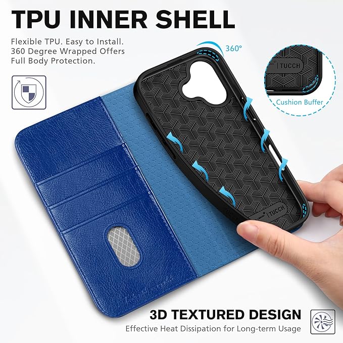 TUCCH Wallet Case for iPhone 17 (6.3") 2025, 3 Credit Card Holders, RFID Blocking, Stand, PU Leather, Shockproof TPU Interior Shell, Protective Flip Folio Cover, Klein Blue