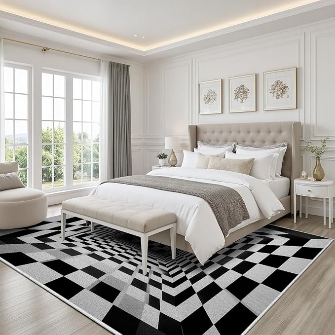 Optical Illusion Rug - Black and White Rug for Living Room, Soft Ultra Soft Faux Wool 4x6 Area Rugs Floor Mats, Non Slip&Non-Shedding Low Pile Checkered Washable Rugs, Abstract Geometric Carpet