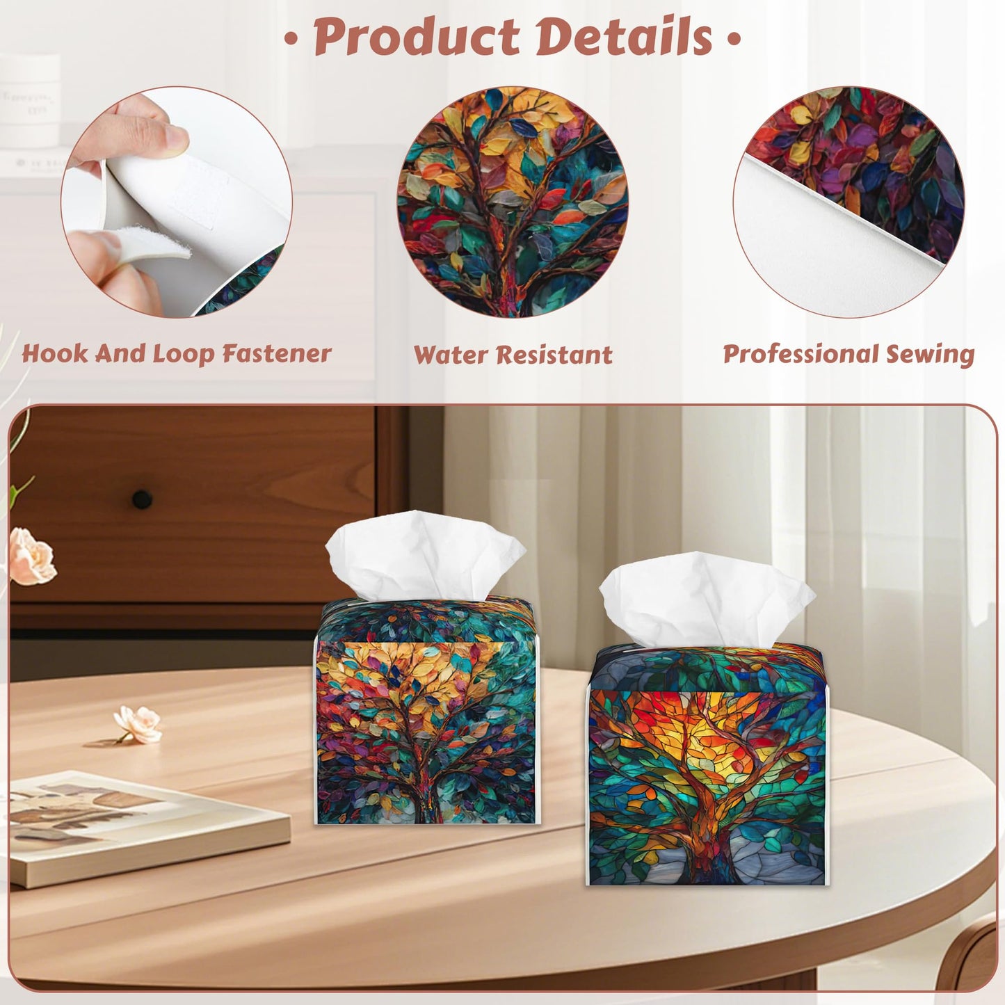 2 Pcs Tree of Life Tissue Box Cover Leather Tissue Box Holder Square Facial Paper Organizer Dispenser for Bedroom Dresser Night Stand Office Desk