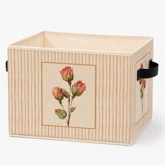 WPQTHIP Vintage Dried Rose Floral Storage Bins Box, Cottagecore Rose Flower Striped Foldable Storage Basket with Handles for Bedroom Bathroom Home Toys Clothes Books Organizer
