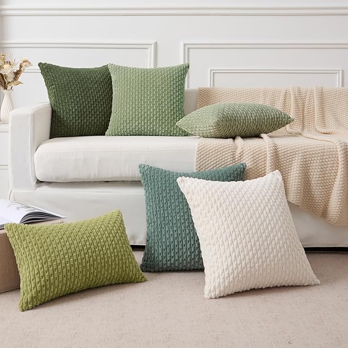 Kevin Textile 2 Packs Spring Decorative Throw Pillow Covers 20x20 Inch for Living Room Couch Bed Sofa Soft Striped Corduroy Square Cushion Case 50x50 cm Farmhouse Boho Home Decor Sage Green