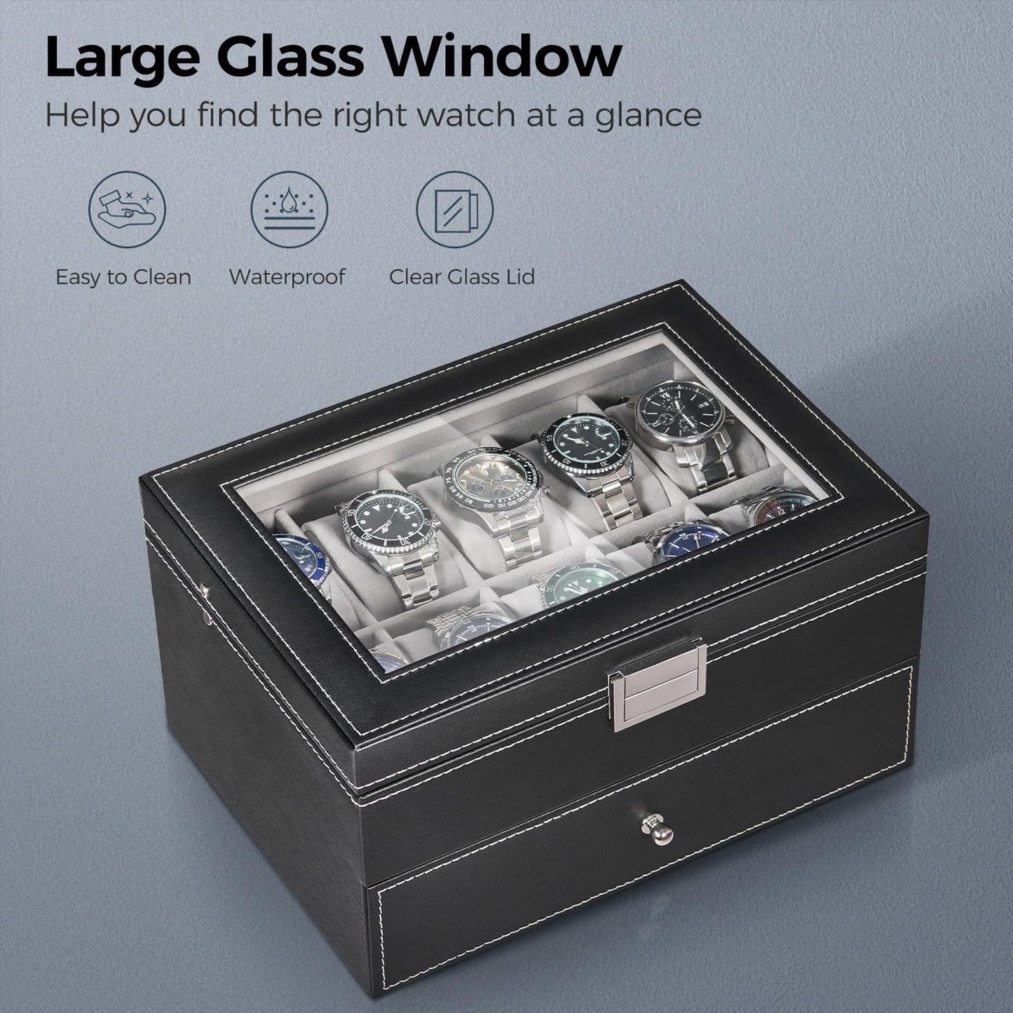 BEWISHOME Watch Case, 20-Slot Watch Box Organizer for Men Watch Case with Large Glass Lid Watch Travel Case Removable Watch Pillows, Mens Jewelry Box Watch Display Case, Watch Storage, Black SSH04B