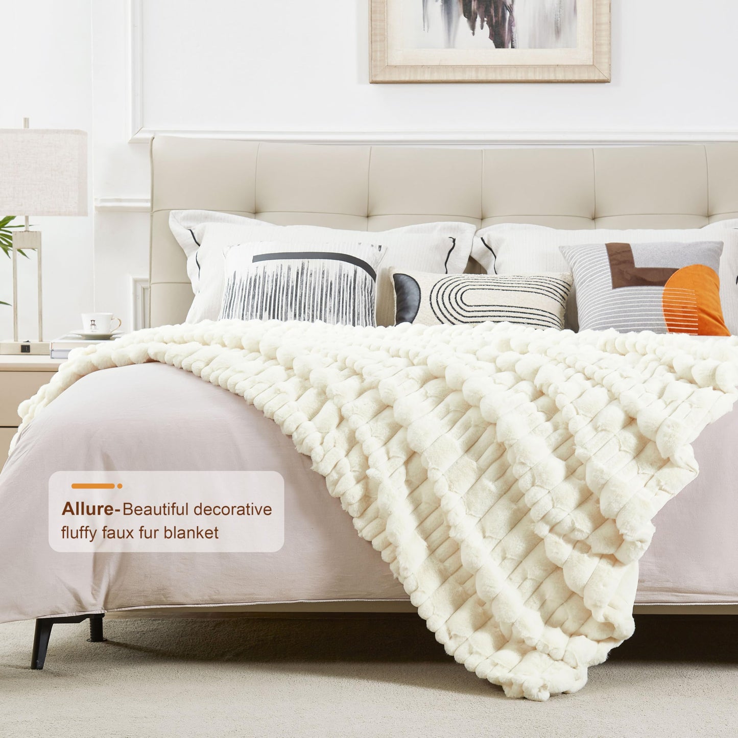 JONIYEAR Extra Large Soft Fluffy Striped Faux Fur Blanket Queen Size 80" x 90", Decorative 3D Geometric Big Warm Fuzzy Fur Blankets for Winter, Reversible Thick Cozy Furry Blanket for Bed, Cream White