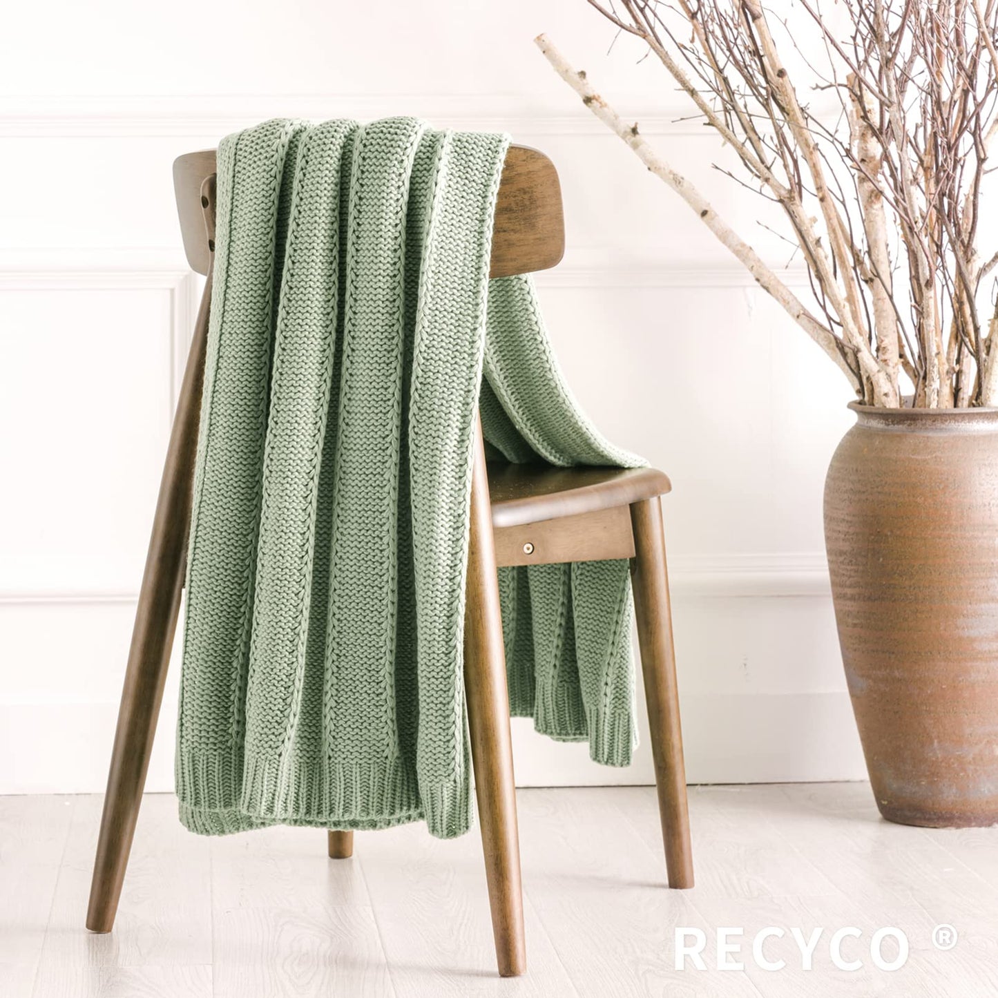 RECYCO Cable Knit Sage Green Throw Blanket Twin Size for Couch, Super Soft Warm Cozy Decorative Knitted Throw Blanket 3.6LB for Bed, Sofa, Chair Large 60"x80"