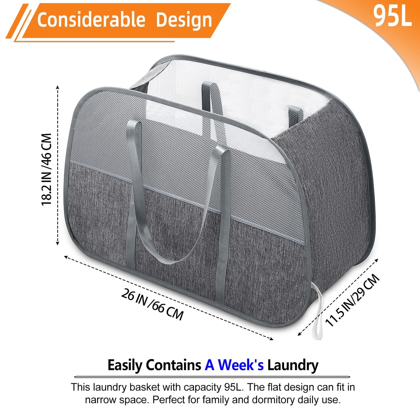 Collapsible Laundry Baskets with Easy Carry Handles, 95L Clothes Hamper for Storage, Foldable Laundry Basket Tear-proof, Large Pop Up Hampers for Laundry, Bedroom, Bathroom, Dorm Grey