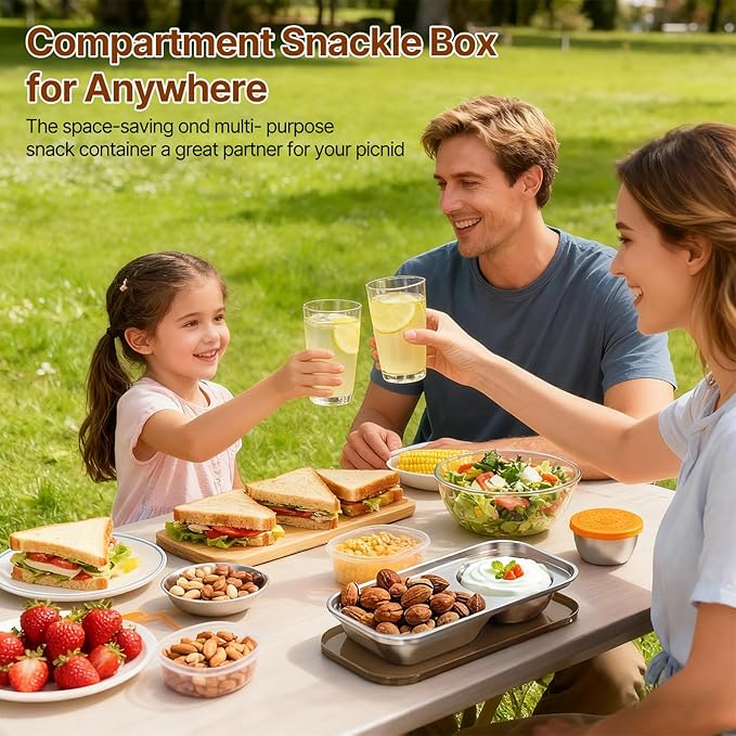 Kitlead 2 Compartment Grab and Go Snack Containers Reusable,Stainless Steel Snack Containers with Lid for Travel, Outdoor Camping and Daily Use (Set of 4)