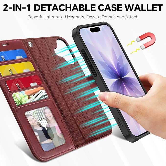 TUCCH Detachable Case Wallet for iPhone 17 (6.3") 2025, Wrist Strap | 4 Card Holders RFID Blocking | Wireless Charging | Stand | 2-in-1 Magnetic | PU Leather | Shockproof Folio Cover | Dark Red