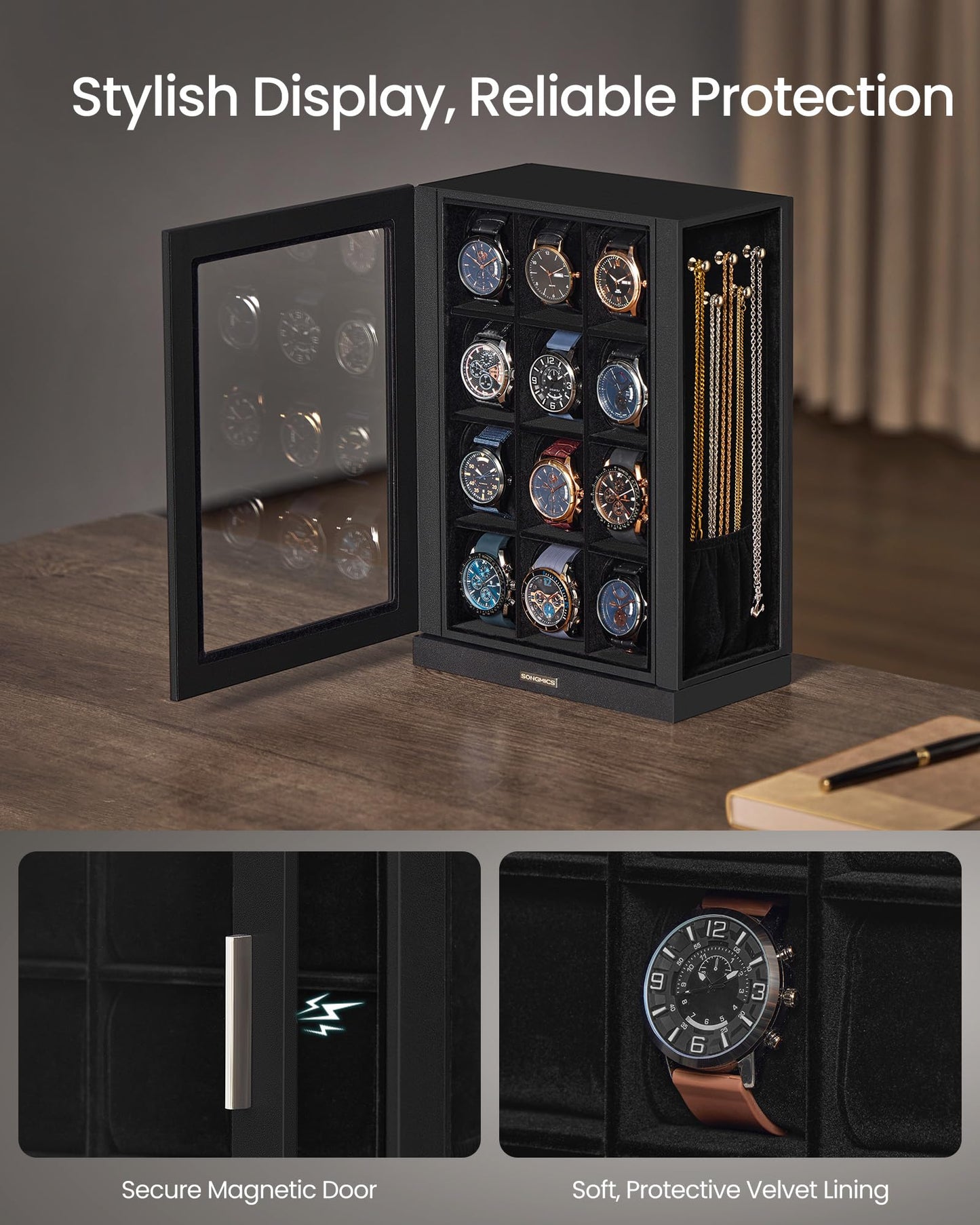 SONGMICS Watch Box 12 Slots with Glass Windows, 360° Rotating Vertical Watch Display Case, Jewelry Sunglasses Ring Storage, 10 Necklace Hooks, Removable Pillows, Velvet Lining, Ink Black UJWB028B01