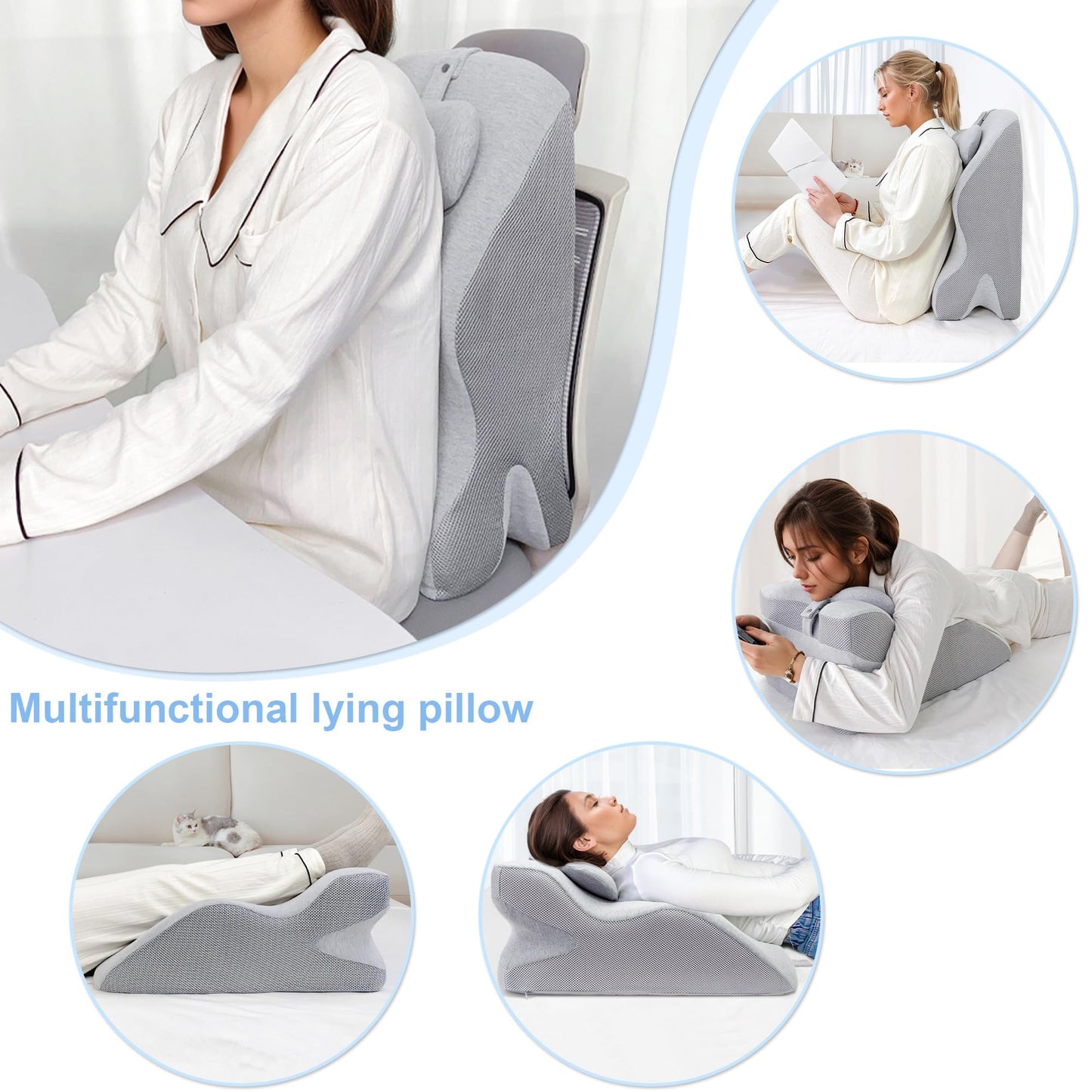 Generic Adult Ergonomic Memory Foam Bed Triangle Wedge Pillow Headboard for Sitting up Back Neck Pain Relief with Face Down Massage Prone Pillow Function for Reading, with Washable Cover (Grey)