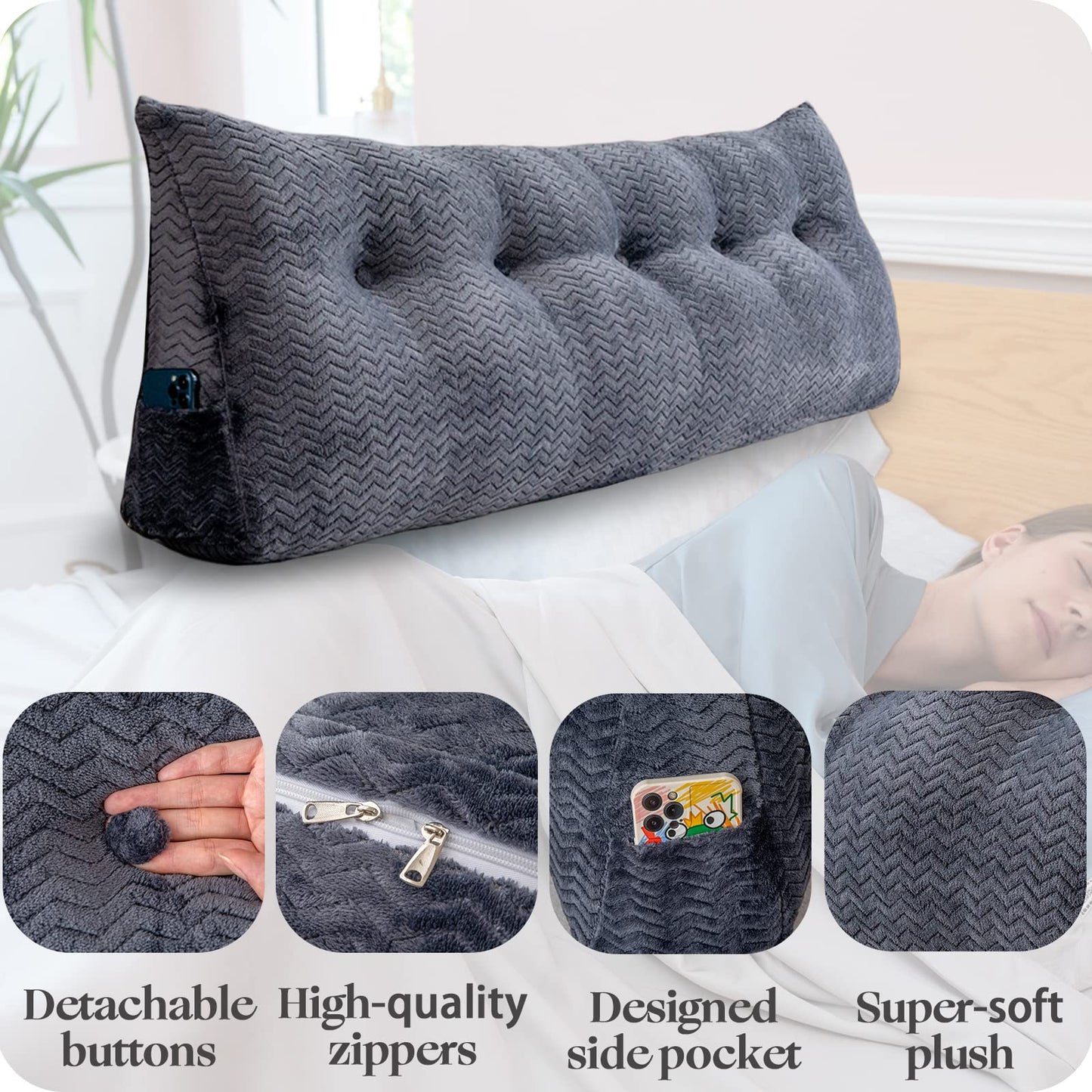 ZOEMO Large Bolster Triangular Headboard Wedge Backrest Positioning Support Bed Rest Reading Pillows Headboard Wedge Pillows for Day Bed with Removable Cover
