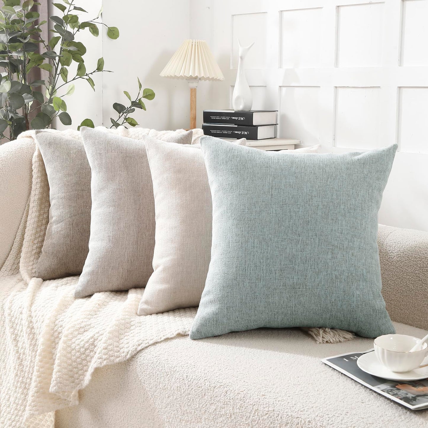 Jepeak 24x24 Inch Decorative Chenille Throw Pillow Covers, Pack of 2 Cozy Concise Pillow Cases Soft Farmhouse Modern Square Cushion Covers for Sofa Couch Bed Living Room Home Decor, Beige