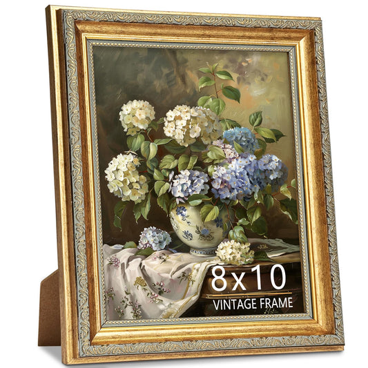 ASTRDECOR 8x10 Picture Frame, Ornate Vintage Gold Photo Frames with HD Glass for Wall Hanging and Tabletop Display, 8 x 10 Antique Photo Frame with Distressed Rust-Like Finish, Retro Home Decor