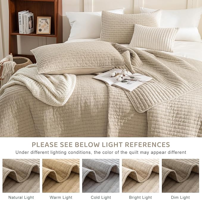 Sanracie Cotton Oversized King Bedspread(128"x120"), Soft Dark Wheat Color Stonewashed Extra Large Wide Oversized Quilt Sets Cross Stitch Lightweight Crinkle Coverlet Set 3Pcs for All Season