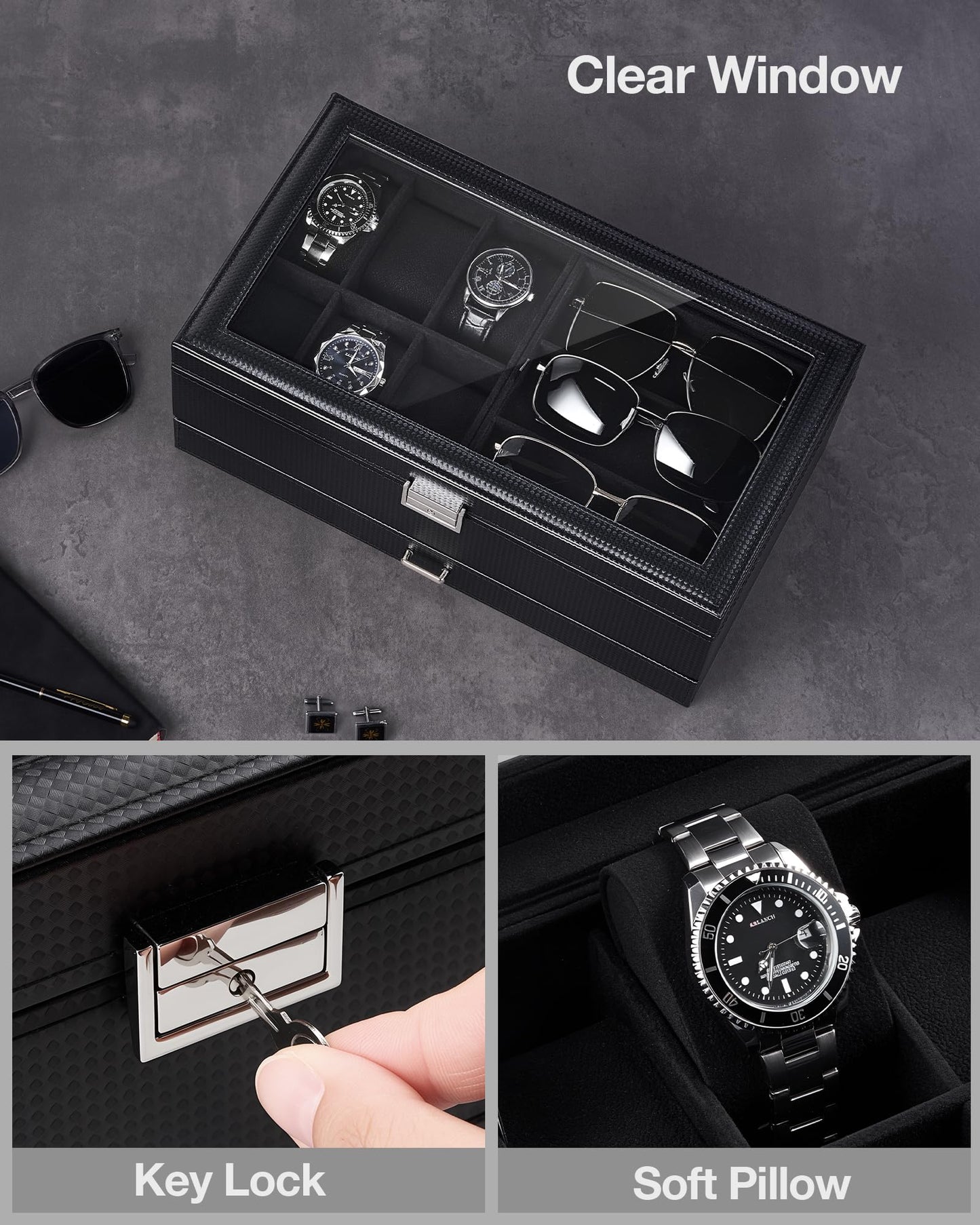 ProCase Mens Jewelry Box, Lockable 6 Slot Watch Case & 3 Slot Sunglasses Organizer, 2-layer Mens Jewelry Organizer Watch Box for Men, Watches Holder Display Storage, Fathers Day Gift -AllBlack