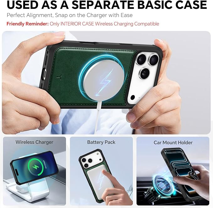 TUCCH Detachable Case Wallet for iPhone 17 Pro Max (6.9") 2025, Removable Wrist Strap, Wireless Charging, Stand, 4 Card Slots RFID Blocking, 2-in-1 Magnetic, PU Leather Shockproof Cover, Evergreen