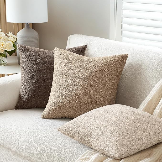ANRODUO Pack of 2 Textured Boucle Throw Pillow Covers Soft Camel Euro Decorative Accent Solid Pillow Cases Cozy Modern Couch Cushion Case for Chair Sofa Bedroom Living Room Home Decor, 22 x 22 Inch