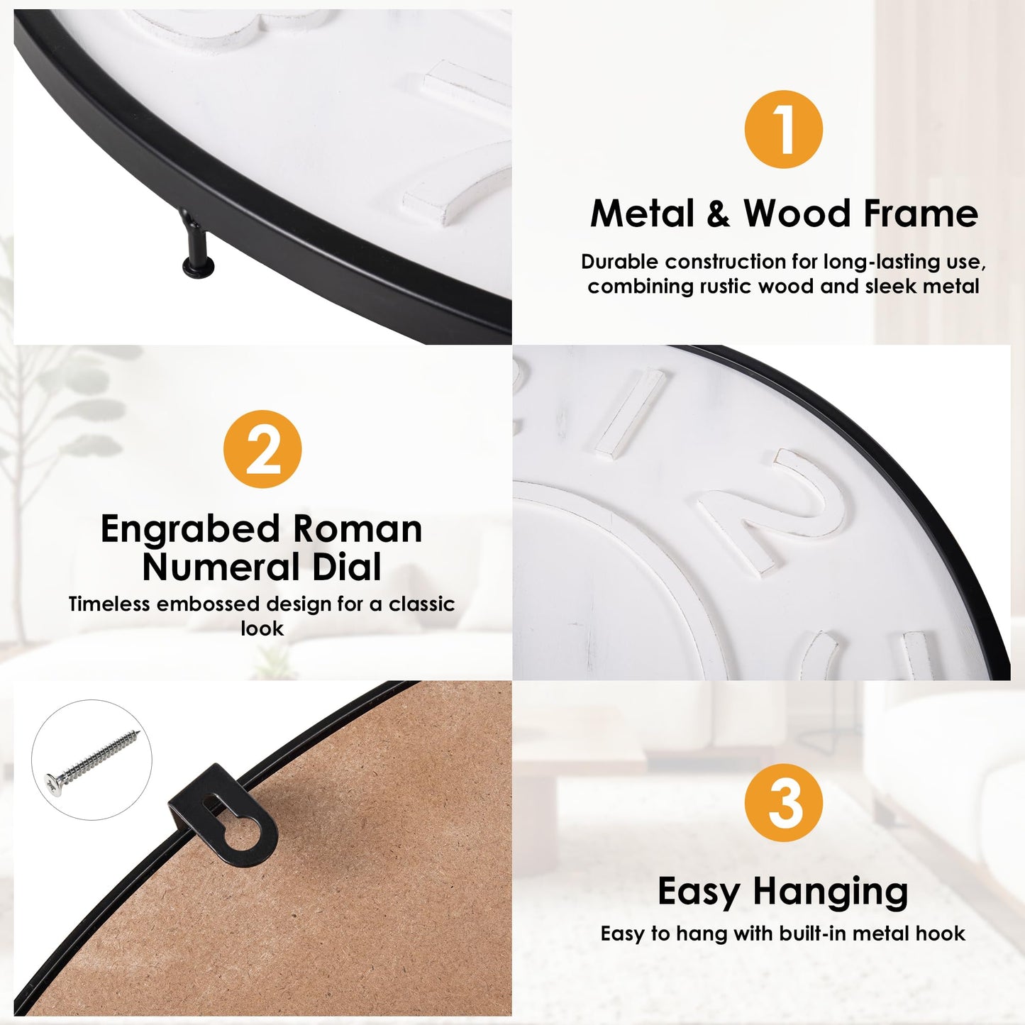 aevbibs Modern 24-Inch Wall Clock, Iron & Wood with Distressed Vintage Finish – Silent Non-Ticking Quartz Movement, Battery Operated, Easy to Hang, for Living Room, Office, Classroom
