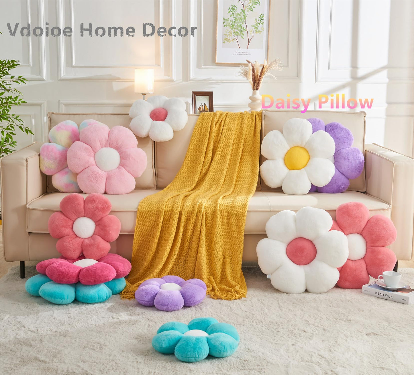 Vdoioe 3PCS Flower Pillow Set,Flower Throw Pillow 15.7In Daisy Pillow Cute Decorative Pillow Cushion Home Decor& Plush Pillow for Sofa Couch Bed Reading Tent.