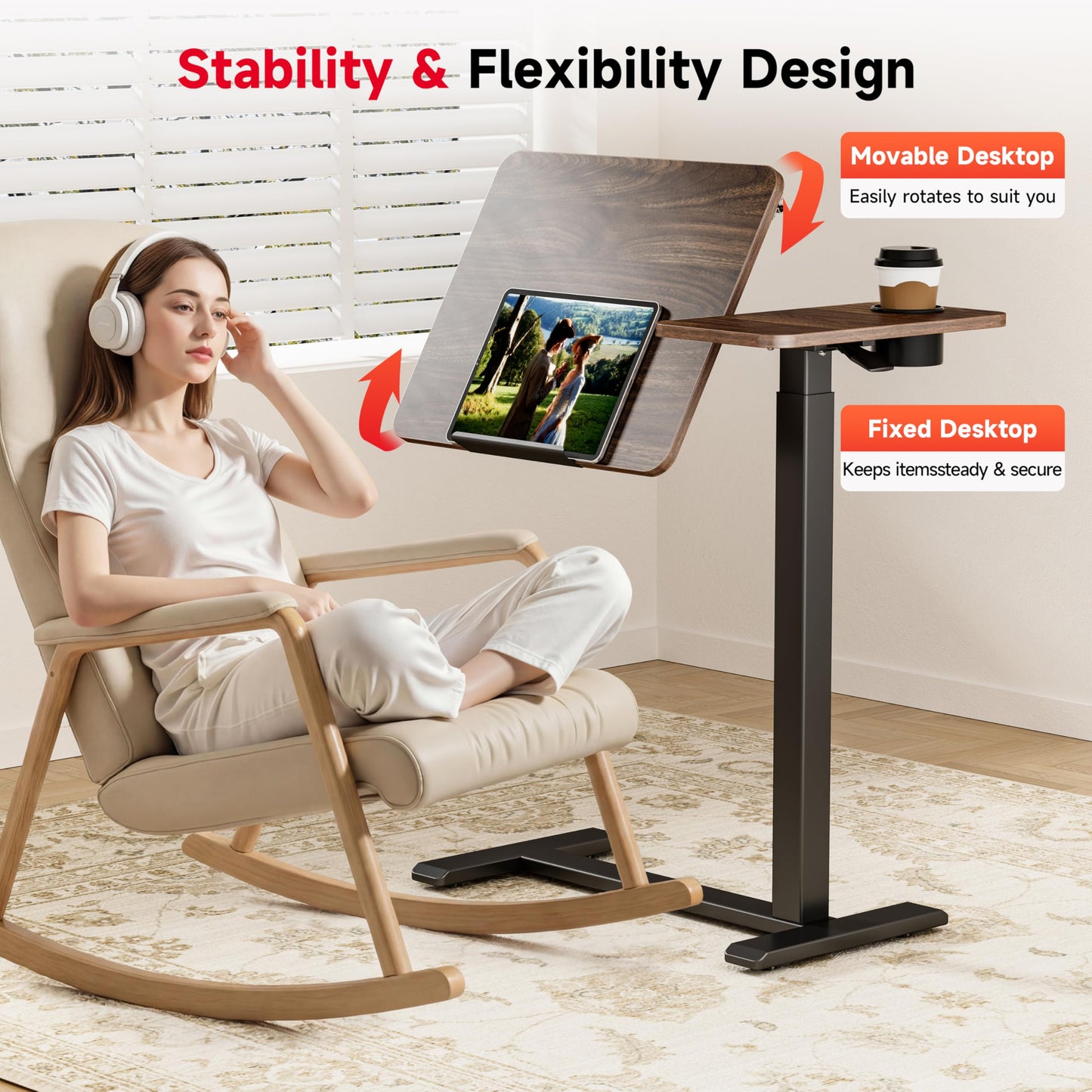 Okin Overbed Bedside Table with Wheels, Adjustable Medical Tilt Top Hospital Bed Table Over The Bed, Rolling Desk Mobile Standing Desk for Hospital Home Use (Walnut)