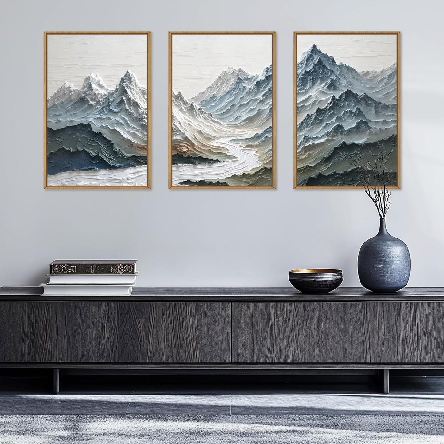 DRACIT Large Snow Mountain River Framed Canvas Wall Art Set,Modern Abstract Nature Landscape Wall Decor,Neutral Blue and White Ridge Scenery Artwork for Living Room,Bedroom,Office-16 x24 x3