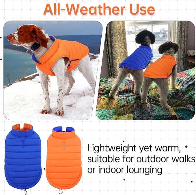 Lelepet Reversible Dog Coat Waterproof Dog Jacket Windproof Puffer Vest for Winter Warm Lightweight Coats for Small Dogs Adjustbale Hook & Loop Pet Apparel with Leash Hole, Shih Tzu, Orange, S