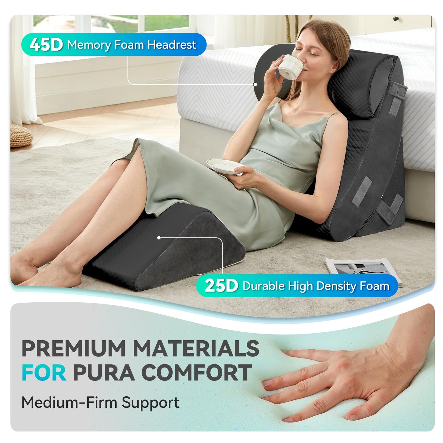 BDEUS 4PCS Bed Wedge Pillow Post Surgery, Orthopedic Sleeping Wedge Pillow Set for Back, Neck and Leg Pain Relief, Acid Reflux, GERD, Memory Foam Support Pillows for After Surgery, Grey