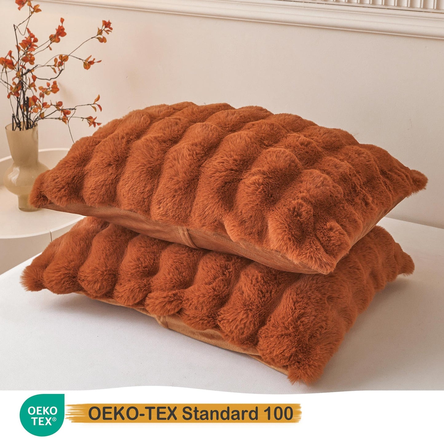 LIFEREVO 2 Pieces Fluffy Faux Rabbit Fur Pillow Cases, Luxury Soft Plush Shaggy Bubble Pillowcases Standard Size with Zipper, Furry Fuzzy Long Pillow Shams Adult Girls Kids Teens 20x26, Burnt Orange