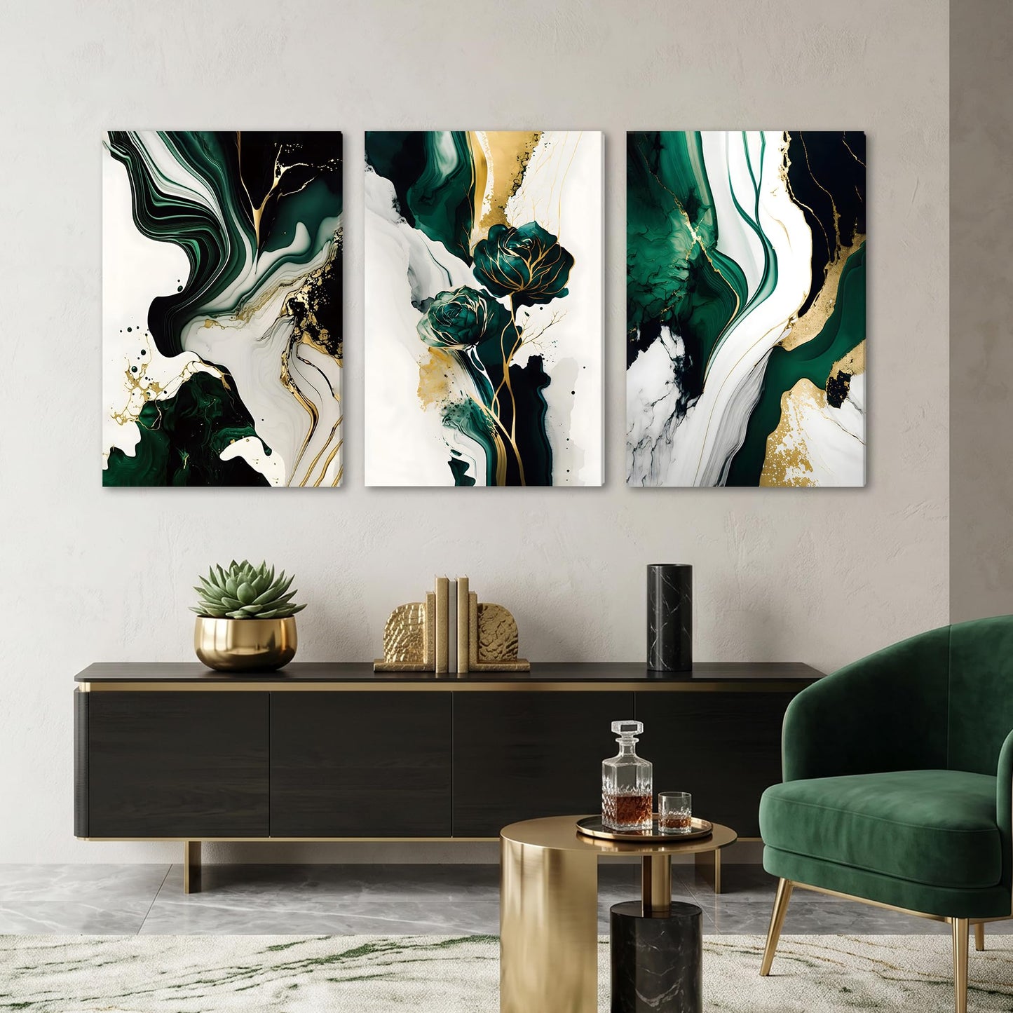 EJPFOGV Large Framed Abstract Wall Art Set of 3, Green and Gold Marble Texture with Floral Motif, Easy to Hang & Fade Resistant Art Prints, Wall Decor for Bedroom, Living Room, Home Office, 20x30 Inch