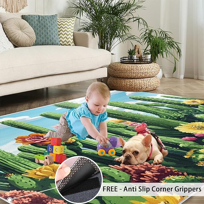 Cactus Living Room Rugs, Desert Oasis Area Rugs 5x8 Rug Succulents Non-Slip Washable Rugs Stain Resistant Rug Low-Pile Throw Rug for Bedroom Dining Room Office