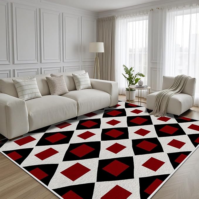 Plaid Rug 5x6, Vintage Geometric Soft Ultra Soft Faux Wool Low Pile Rug, Indoor Floor Mats Carpet, Non-Slip Stain Resistant Washable Rugs, Modern Red Rugs for Living Room Home Office Decor
