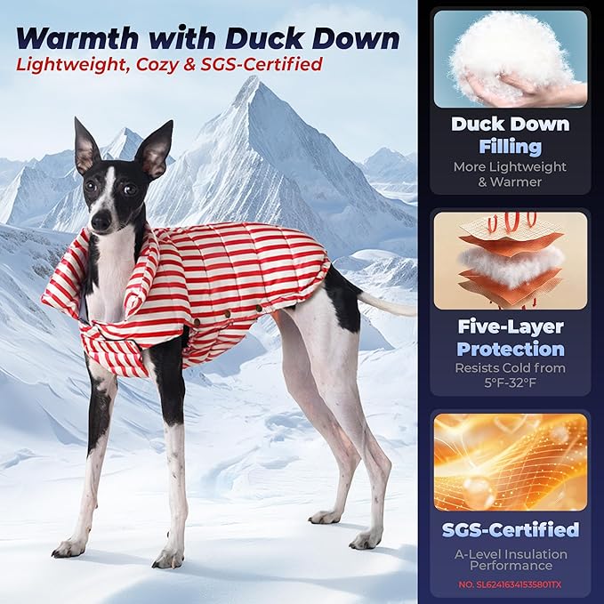 SPACE LION Dog Puffer Jacket, Down Winter Coat, Durable Outdoor Coat for Cold and Windy Conditions, Lightweight & Adjustable Fit Coats for Large Dogs, (RedStripe, Size22/XL+)