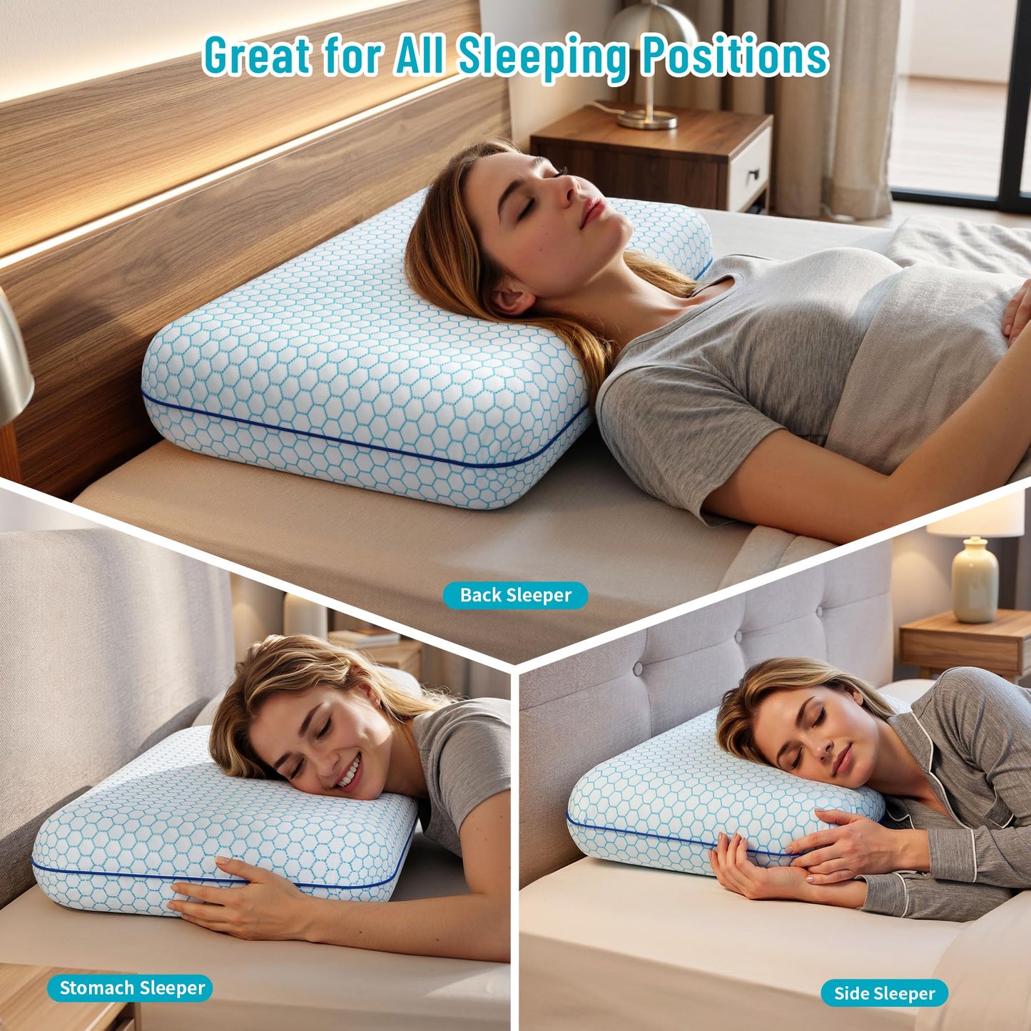 CushyOasis Memory Foam Pillows for Side, Back and Stomach Sleepers, Set of 2, Bed Pillow with Washable Cover and Breathable Mesh, Bed Pillow for Sleeping (Blue，Standard Size)