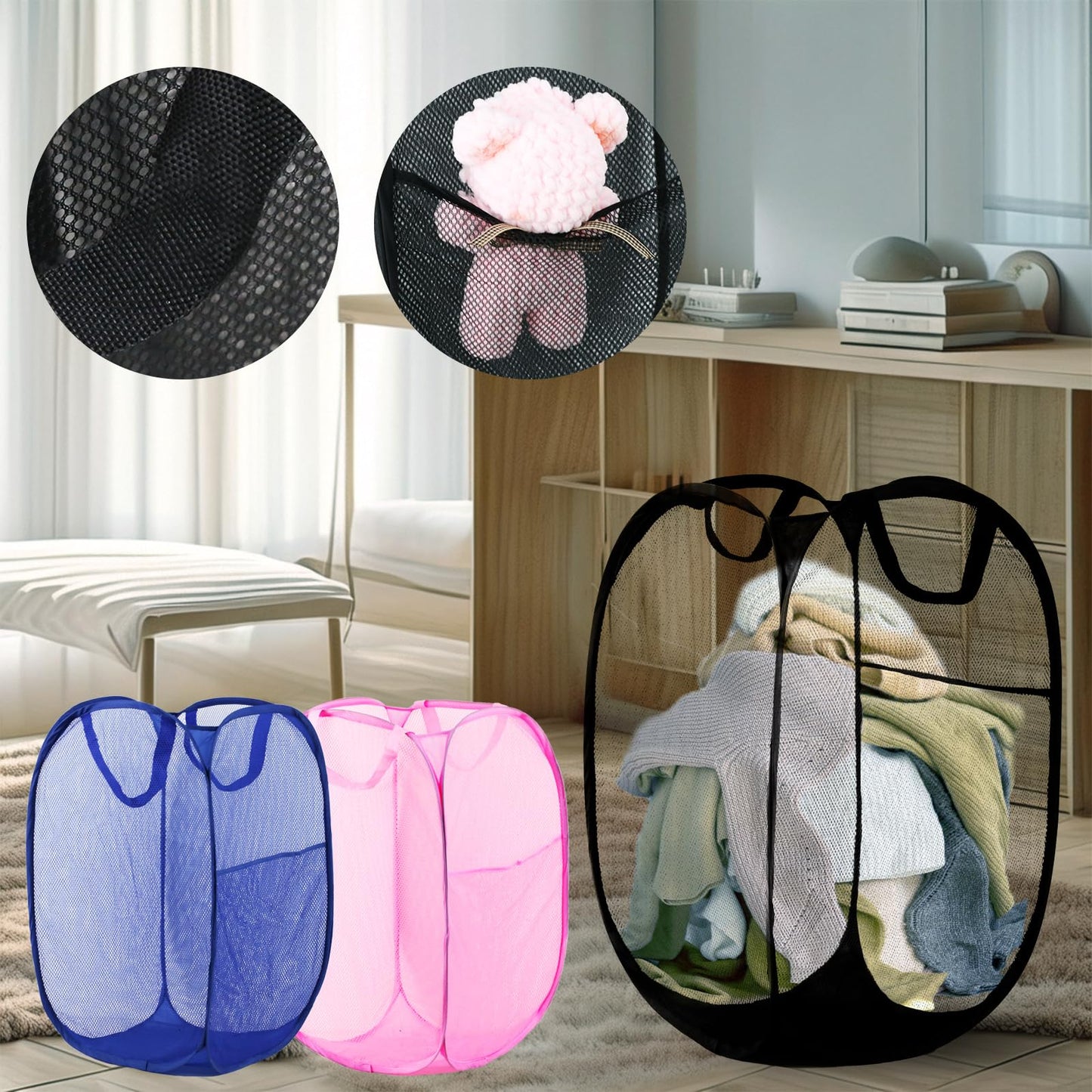LXLOVESM Pop Up Laundry Hamper, Mesh Laundry Basket Collapsible, Foldable Hamper for Travel and Storage, 3 Pack (Black+Pink+Blue)