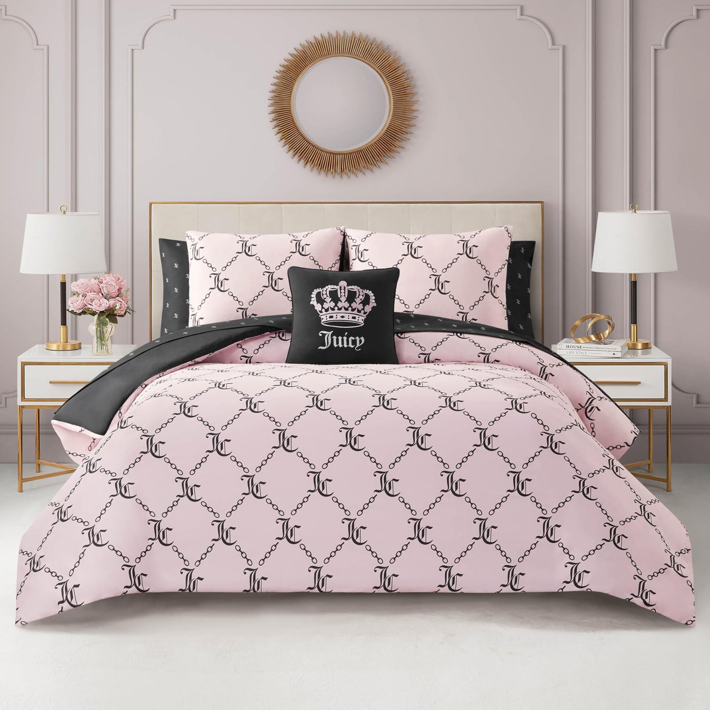 Juicy Couture Light Pink/Black Link Logo Printed Comforter Set, Full – Complete 8-Piece Bed in a Bag Collection