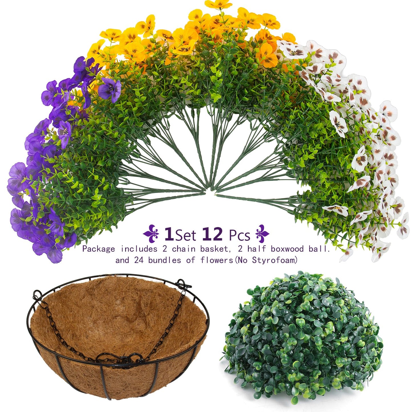 lovemoon 2 Sets Artificial Hanging Pansy Flowers with Baskets, 24 Pcs UV Resistant Faux Silk Pansy Outdoor Hanging Flower for Porch Patio Garden Home Spring Decor (2, White,Yellow,Purple)