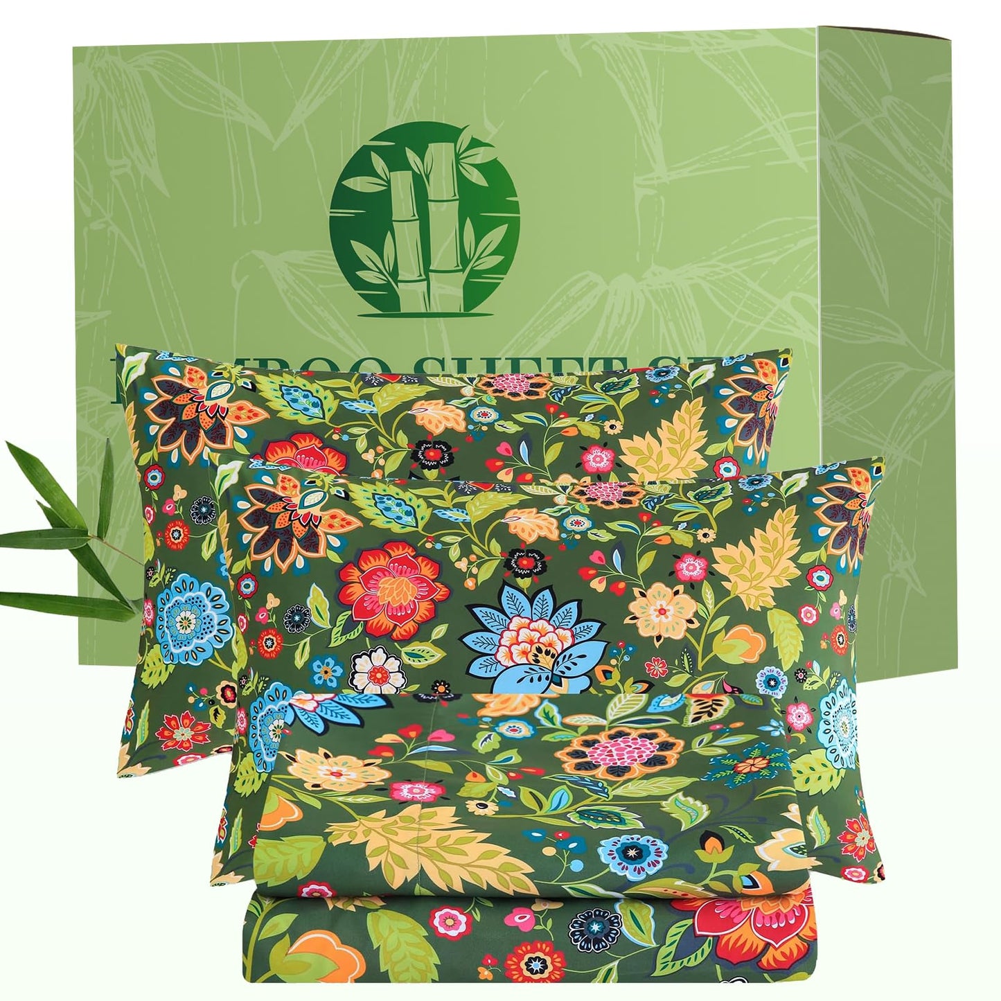 Bedlifes Extra Deep Pocket 18-24" Queen 4-Piece Sheet Set - Cooling Sheets Blend Rayon Derived from Bamboo Soft & Breathable Floral Dark Green