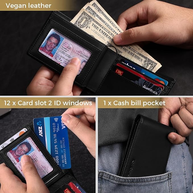 RUNBOX Wallet for Men Bifold RFID Blocking Wallets with 2 ID Window 14 Card Holders 1 cash pocket 1 Gift Box