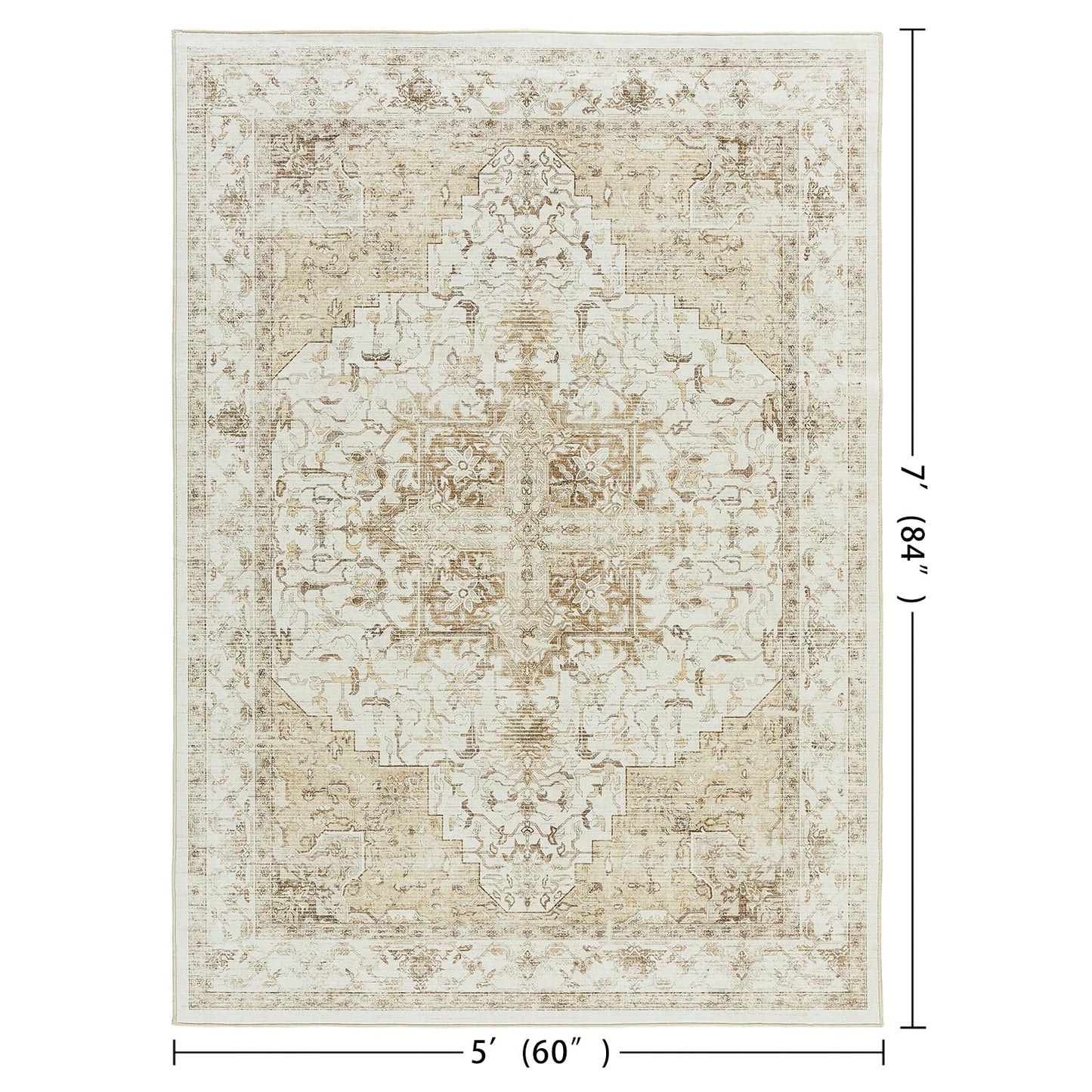 5x7 Area Rug, Vintage Distressed Medallion Pattern Beige Rug, Non-Slip Low-Pile Soft Carpet for Living Room, Bedroom, Kitchen, Home Office, Foldable & Machine Washable Rugs