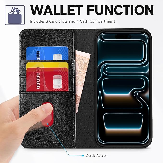 TUCCH Case Wallet for iPhone 17 Pro Max (6.9") 2025, RFID Blocking, 3 Card Holders, Kickstand, PU Leather, Protective Flip Folio Cover, TPU Shockproof Interior Shell, Textured Black