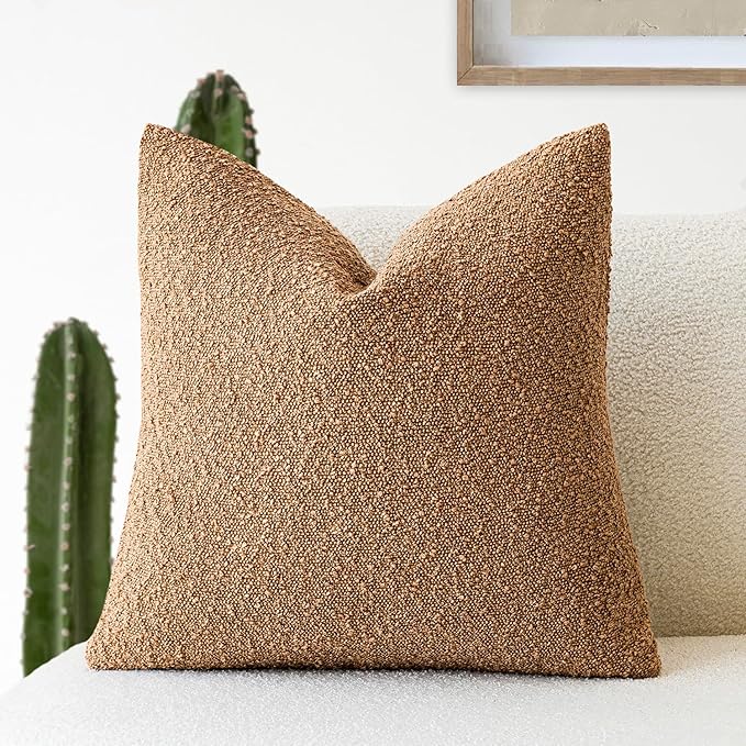 Foindtower Decorative Textured Boucle Throw Pillow Covers Accent Solid Pillow Cases Neutral Soft Cozy Couch Cushion Case for Chair Sofa Bedroom Living Room Home Decor 26 x 26 Inch,Tobacco