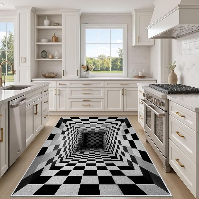 Optical Illusion Rug - Black and White Rug for Living Room, Soft Ultra Soft Faux Wool 4x6 Area Rugs Floor Mats, Non Slip&Non-Shedding Low Pile Checkered Washable Rugs, Abstract Geometric Carpet