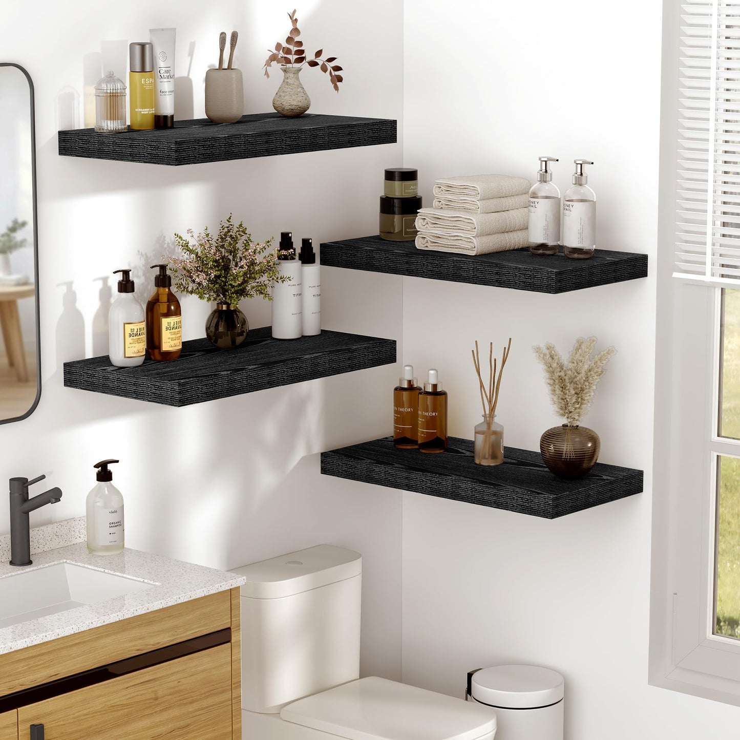 Vivelove 16 Inches Floating Shelves Wall Mounted, 10" Deep Wall Shelves for Bedroom, Bathroom, Living Room, Kitchen, Office, Home Decor, Modern Shelf, Set of 2, Black, 16x10.2x1.5